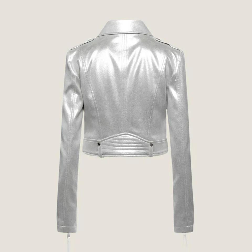 Handmade Casual Soft Motorcycle Biker Lambskin Stylish Women's Leather Jacket Silver
