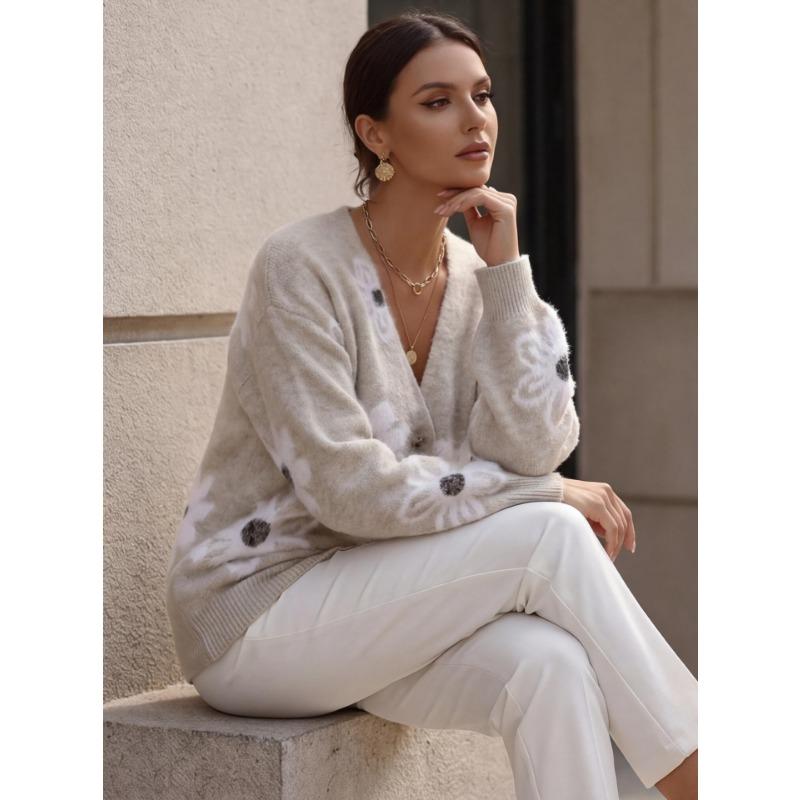V Neck Long Sleeve Flower Pattern Knit Cardigan Sweater