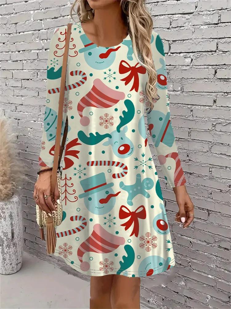 New Year Party Women Dress Christmas Robe Casual Long Sleeve O-Neck Loose A-Line Dress
