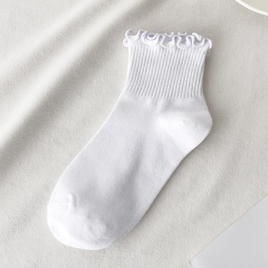 5 Pairs Japanese Style Women Student Crew Socks Solid Color Casual Fashion Frilly Ruffle Trim Short Tube Ankle Socks