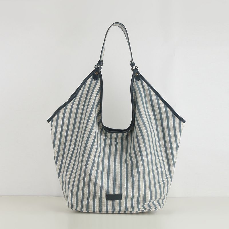 

Japan fashion Artistic Stripe Canvas Bag Women Simple Commuter Tote Bag Large Capacity Portable Shoulder Bag Stripes Blue