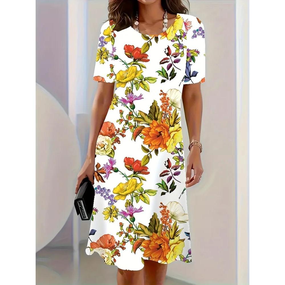 Butterfly Flower Patterns Women Mini Dresses Summer Short Sleeve Printed Plus Size Casual Comfortable Soft Dress