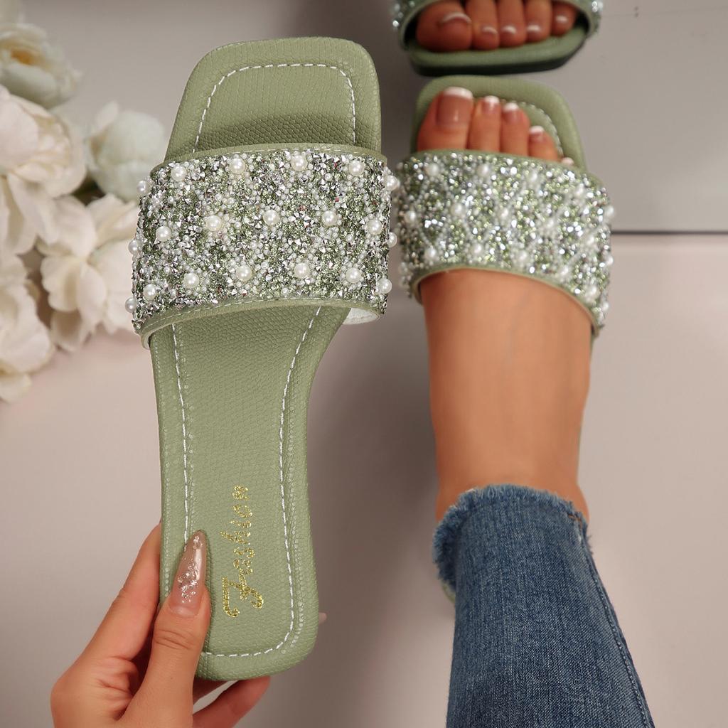 [Foreign Trade] Slippers Female Summer Wear Fashion Internet Celebrity Rhinestone Fairy Wind Flat Bottom One Word Cool Slippers