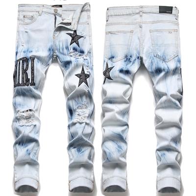Streetwear Slim-fit Denim Jeans Blue Distressed Slim-fit Hip Stretch Four Seasons Elastic Cropped Jeans For Men 3091