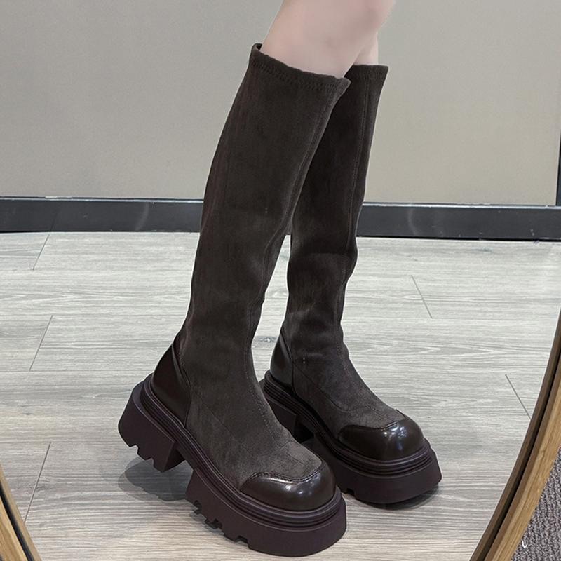 Fashion High Platform Boots Women Suede Flats Shoes Women 2024 Trend Winter Designer Mid Heels New Motorcycle Boots Trend Femme Shoes