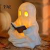 Cute Ghost Night Light Reading Book Lamp, Lighted Figurine with Warm LED Fun Halloween Decorations Light, for Mantel Shelf Table Indoor Home