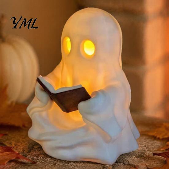 Cute Ghost Night Light Reading Book Lamp, Lighted Figurine with Warm LED Fun Halloween Decorations Light, for Mantel Shelf Table Indoor Home