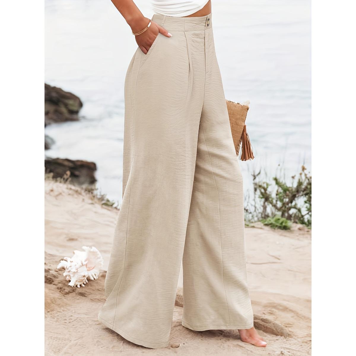 

New Spring Summer Solid Color Loose Elastic Waist Pockets Casual Beach Trousers XXL темного кольору хакі