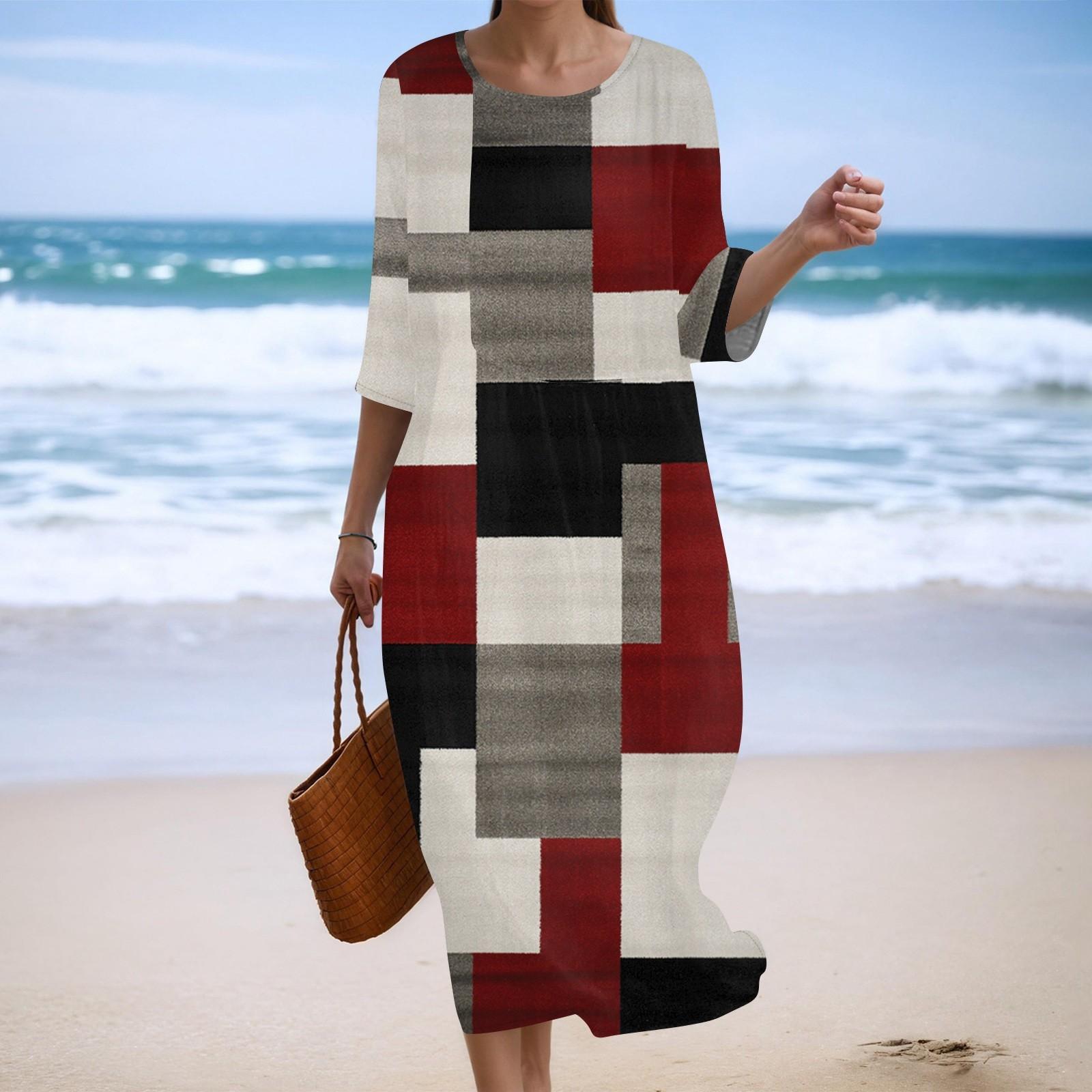 

Женское модное платье свободного кроя с принтом, круглым вырезом и рукавом три четверти XL винный