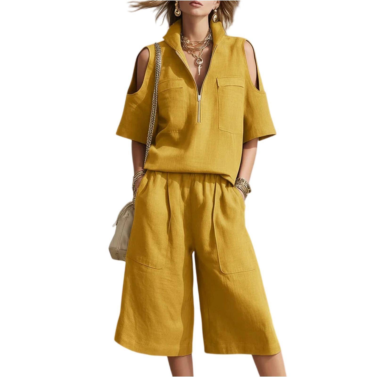 

Fashion Women s Short Sleeve Shorts Shirts Loose Pants Two-Piece Set XL жовтий