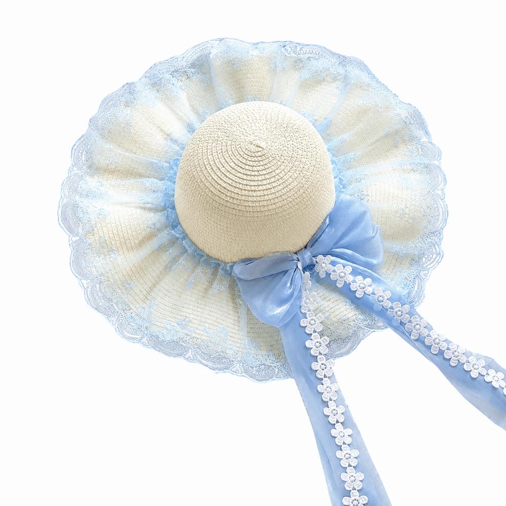 Flower Straw Hat Big Bowknot Wide Brim Hat Lolita Sun Protection Hat  Seaside Vacation