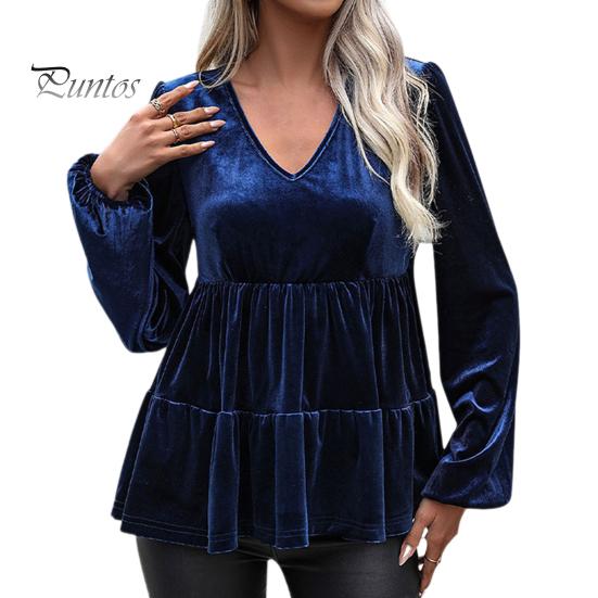 

Женские топы с V-образным вырезом, длинным рукавом, однотонный пуловер, свободный покрой, отделка рюшами, бархатная рубашка S темно-синий