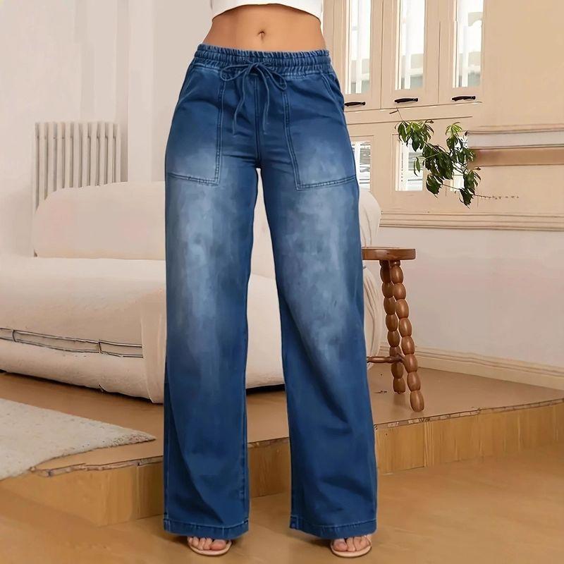 

Marked Women s Elastic Waist Drawstring Jeans Straight-leg Stretch Denim New Arrival Casual Loose Jeans Dark blue XS