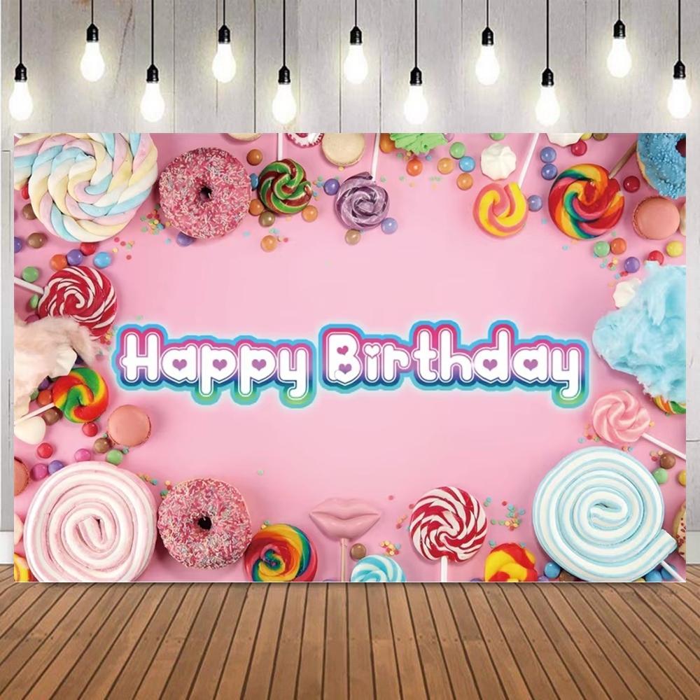 Sweet candy ground photo background, colorful lollipops, donuts, cake ice cream, children birthday party photography background