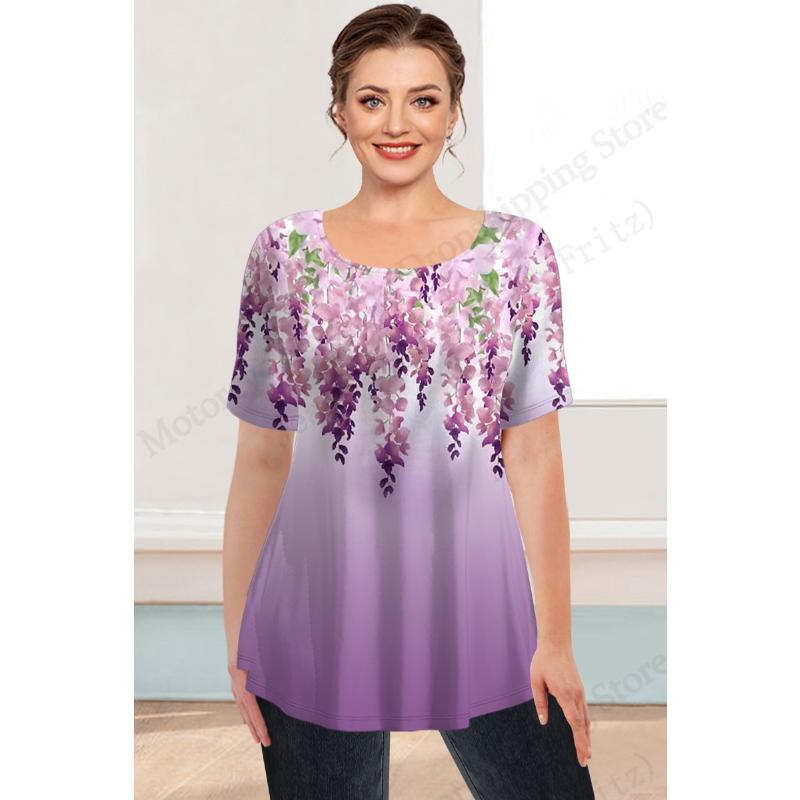 Block Check Floral 3D Print Graphic T-shirt Women Fashion Casual O-Neck Large Size Short Sleeve Tshirt Butterfly Tops Tees Lady