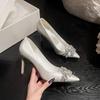 Fashion French Heels Women 2025 New White Rhinestone Wedding Bridal Shoes Hollow Design Elegant Mid Heel Court Shoes