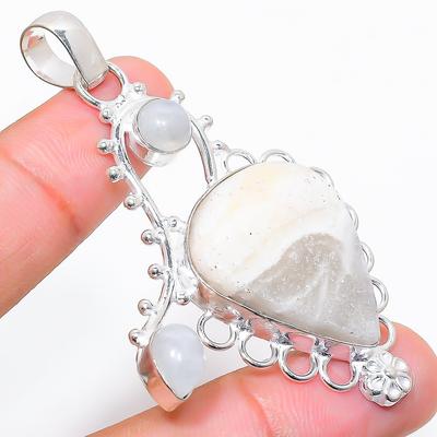 Laguna Lace Agate, Moonstone  925 Sterling Silver Jewelry Pendant 2.44" f3A41