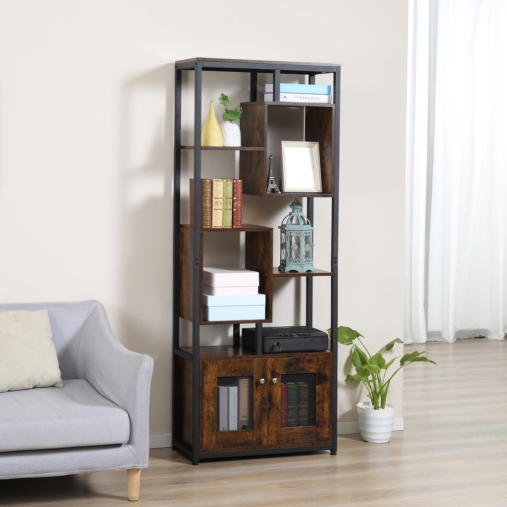 Bookcase Shelf Unit In Industrial Style with 2-Door Cabinet, Space-Saving 8-Shelf Unit for Home and Office, 70x30x180cm, Brown