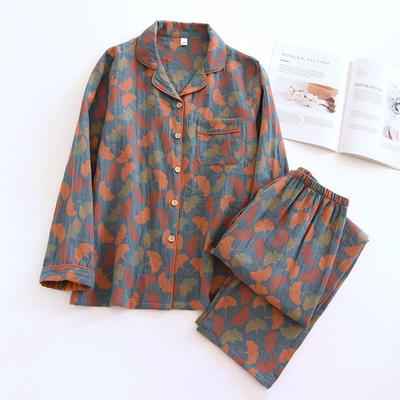 2026 New Spring and Summer Women's Pajamas Suit Long-sleeved Trousers Two-piece 100% Cotton Crepe Flower Leaves Home Clothes