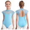 Girls Lace Cap Sleeves Dance Leotard Sheer Mesh Patchwork Cutout Bodysuit for Ballet Practice Exam