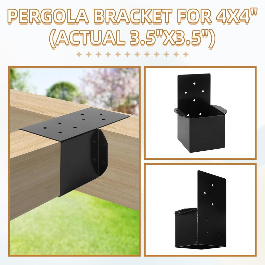 4x4 Pergola-Winkel für Holzpfosten(Tatsächlich 3,5" x 3,5"), Sparren Pfosten Winkel Wandhalterung Stützen Verbinder für Pergola Terrassengeländer Pavillons Balken, 4 Stück