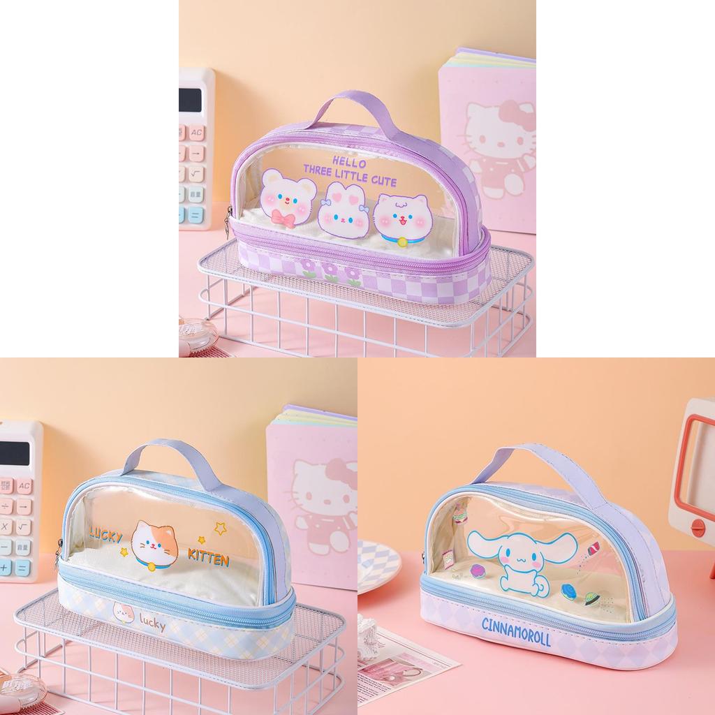 Cartoon Bunny Double Layer Transparent Pen Case With Storage For Students And Gift Use