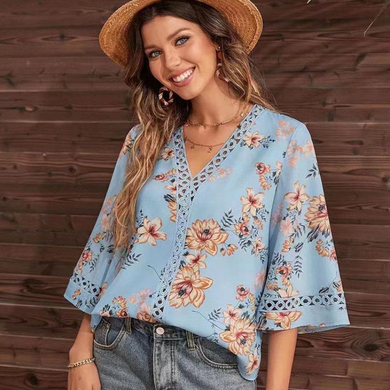 Women's Summer New Loose Type V-neck Temperament Commuter Flare Sleeve Lace Blouse Chiffon Shirt