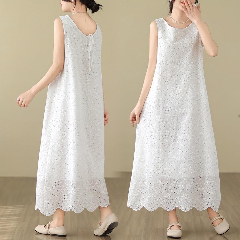Summer New Large-size Literary Solid Color Hollow Medium and Long Casual Vacation Sleeveless Dress Women