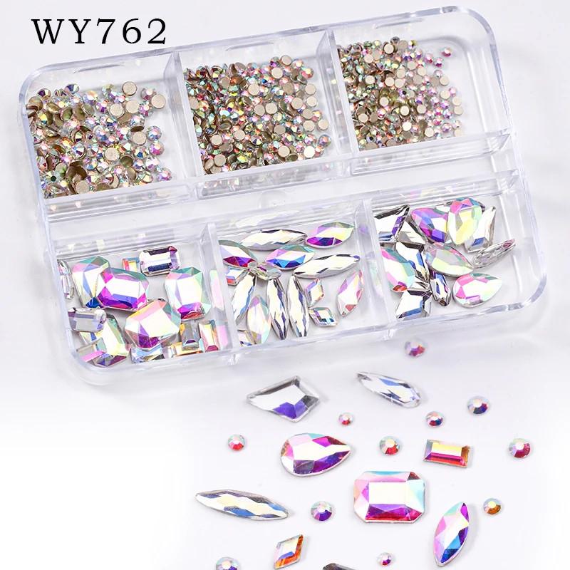 

6 штук в коробке, многоформенный микс из стразов для дизайна ногтей, 3D-кристалл, стеклянные ногти, объемные, с плоским дном, алмазные украшения для маникюра AB