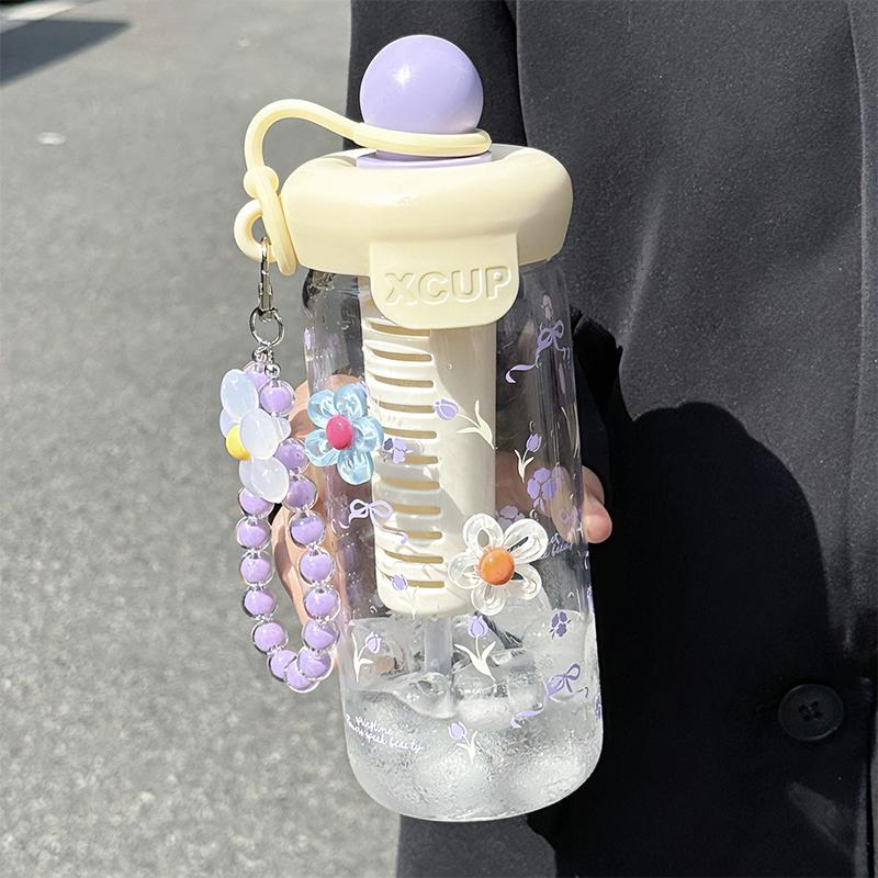 Söta Blomster Te-glas med Rosett och Sugrörsflaska Kaffekoppar för Kall Dryck Dam Glas Tumbler Juice Mjölkte Vattenavskiljare Dryckeskärl Kopp
