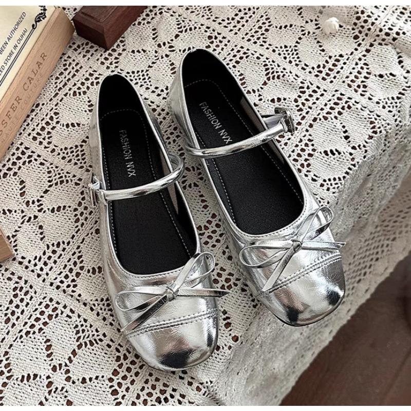 

New Silver Round Toe Low Heeled Mary Jane Single Shoes Women New Retro Dress with Shallow Mouth Small Leather Shoes 40 серебряный