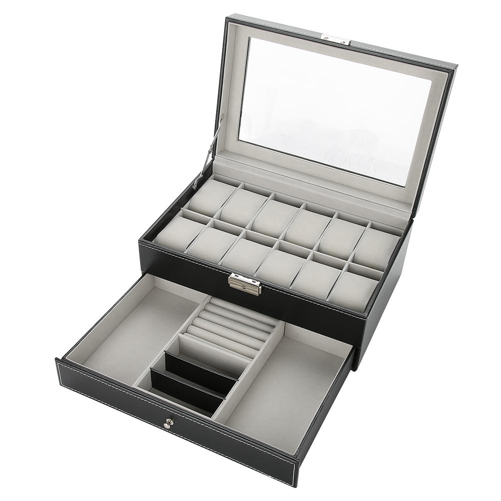 Double Layer PU Lther Wood Watch Holder, Watch Display Case Jewelry  Storage Box, Wristwatch Display Case for Rings rrings Bracelet Necklace 11.8 X 8.