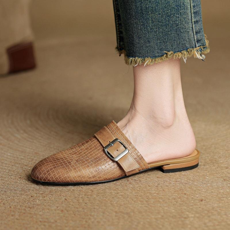 Fashion 2025 New Summer Women Mules Genuine Leather Women Shoes Round Toe Chunky Heel Shoes Cover Toe Slingback Sandals Slippers