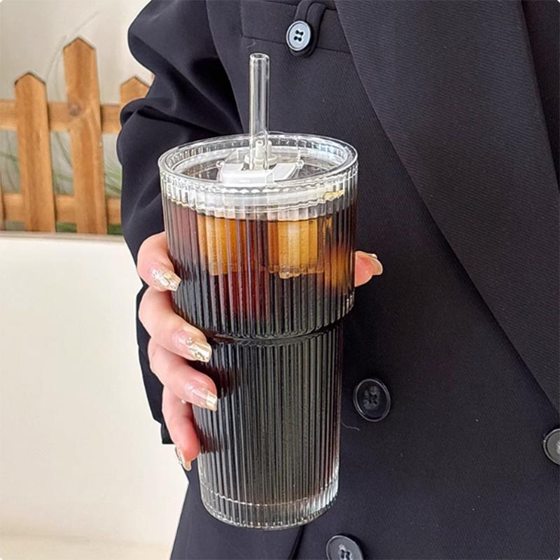 

Vertical striped bamboo joint cup with straw glass cup for women s high-quality office cup large capacity coffee cup for househo 501-600ml
