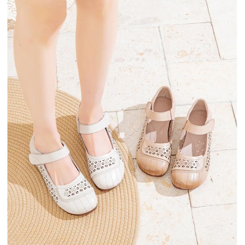 Johnature Genuine Leather Soft Soled Sandals Shallow Breathable Casual Hollow-out Women's Shoes