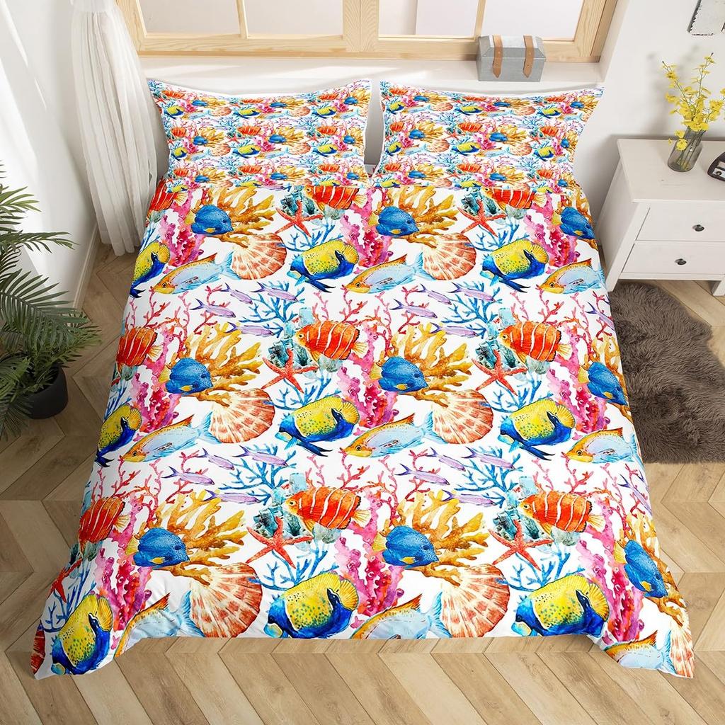 Ocean Coastal Bedding Duvet Cover Set Queen Size  Set Conch Seahorse Starfish Coral 3 Pcs For Kids Girls Boys Woman Room Decor