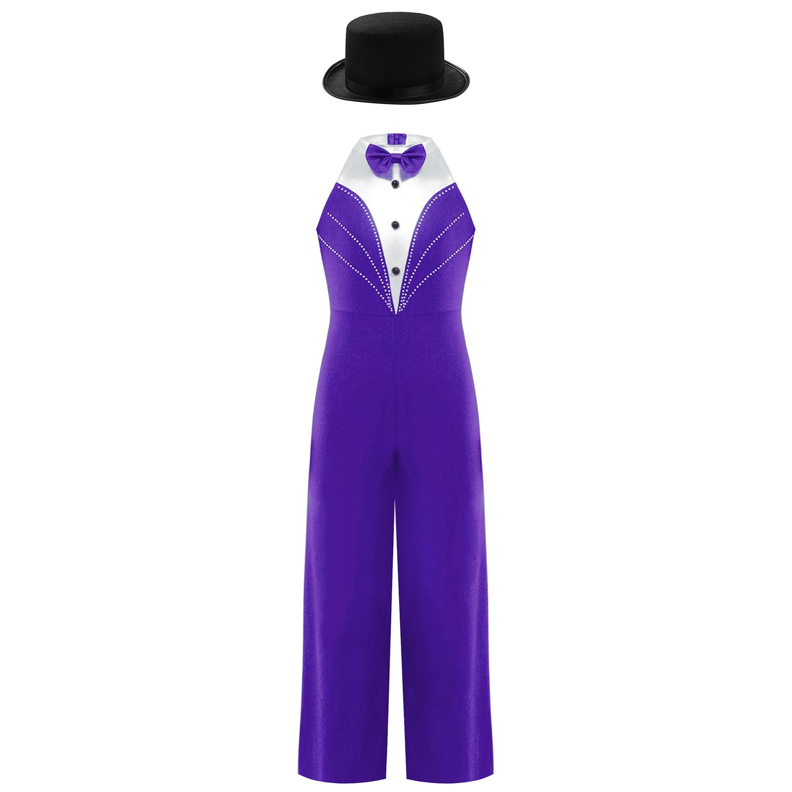 

Костюм для джазового танцю для дівчаток Металізований комбінезон печворк Кольоровий боді без рукавів зі стразами з фетровим капелюхом 13-14 Years фіолетовий