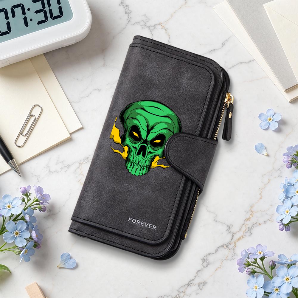 Gothic Green Skull Print Long Wallet