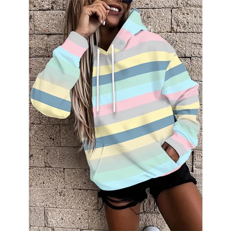 Fashionable Women's Loose-fit Casual Street-style Hooded Sweatshirt, Featuring a Fresh Stripe Pattern in Pink, Yellow, Blue, and Green.