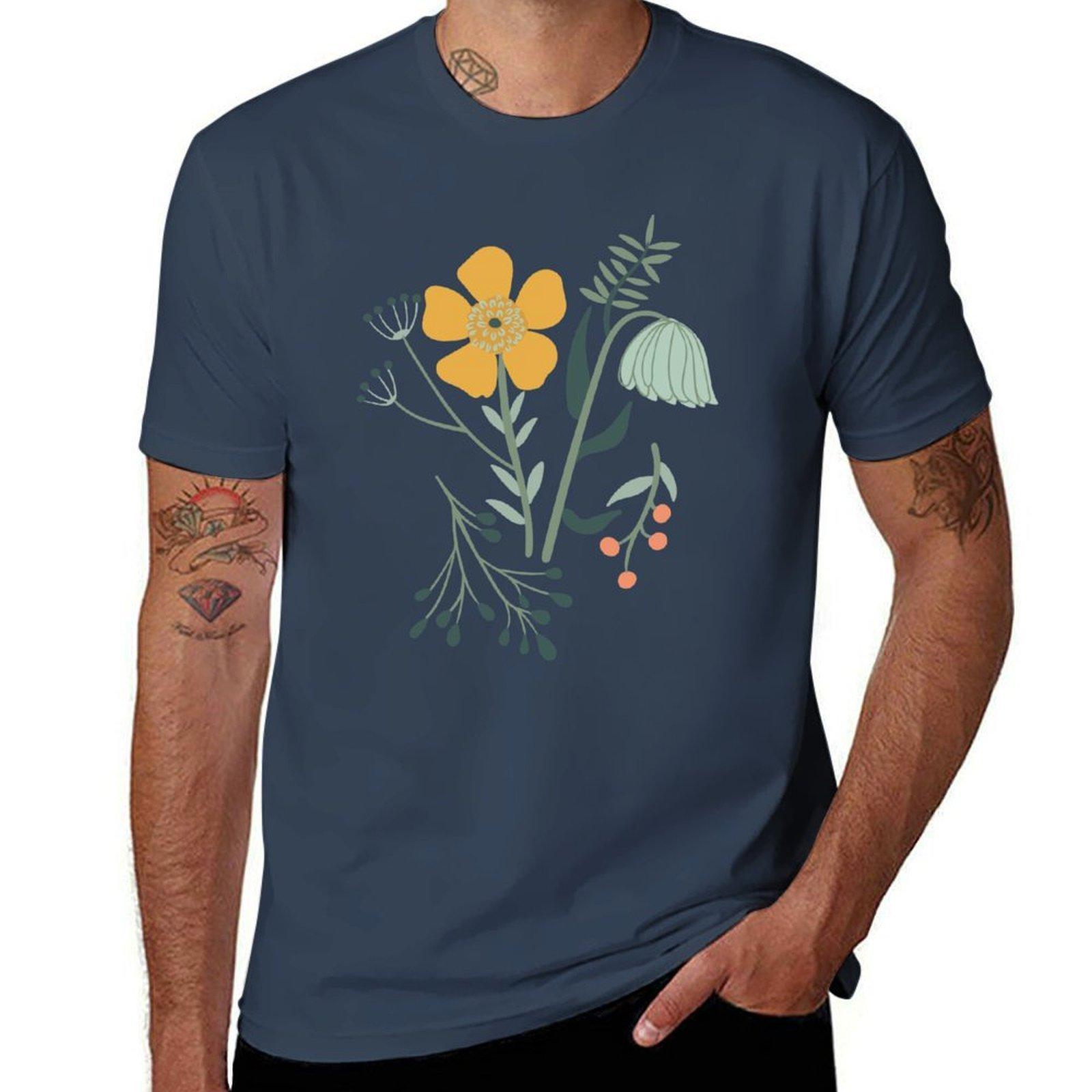 Coral Mustard Blue Botanical Garden Floral Print TShirt Work Style Casual TShirt S