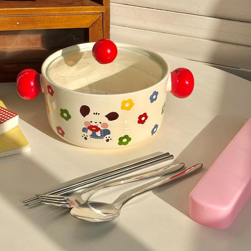 Ins Cream Wind Cute Cartoon Ceramic Binaural Instant Noodle Bowl Snail Powder Bowl Noodle Bowl Soup Bowl with Lid