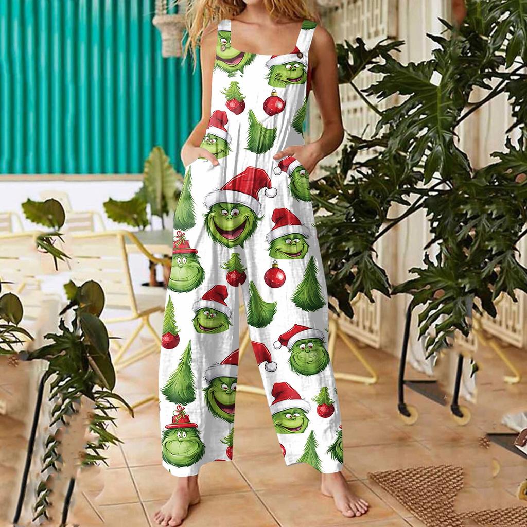 Damen Lässige Overalls Jumpsuits Verstellbare Träger Ärmellos Weihnachtsprint Bequeme Einteiler Mit Tasche