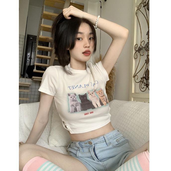 2024 Sommer Damen Katzen-Print Slim Fit Weißes Crop Top - Süß & Würzig Kurzärmeliges Trend-T-Shirt