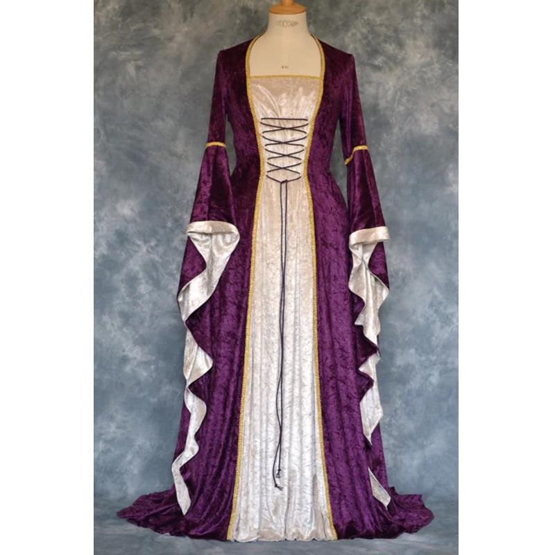 Vintage Gold Velvet Lace-Up Flared Sleeve Medieval Floor-Length Dress for Women