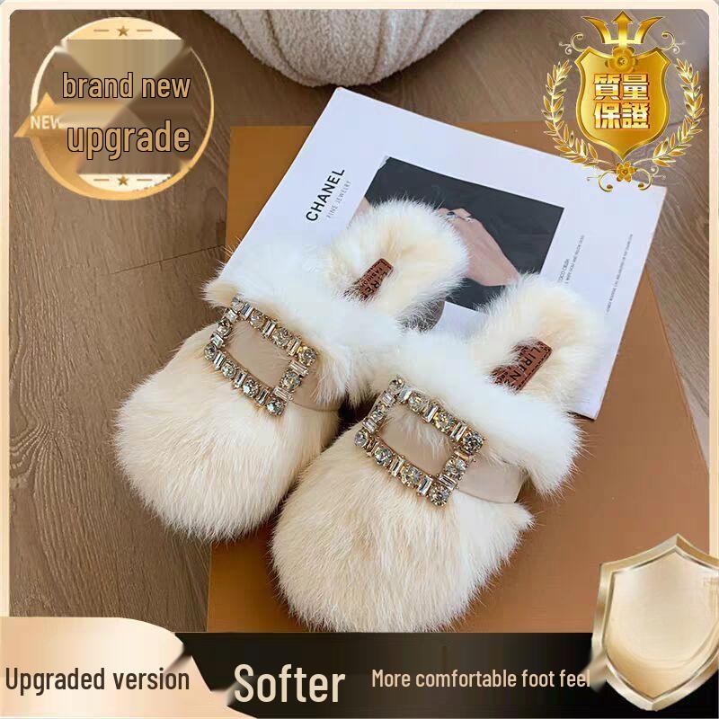Autumn/Winter 2025 Women's Chunky Heel Furry Cotton Slippers - Mid-High Rabbit Fur Mule Shoes