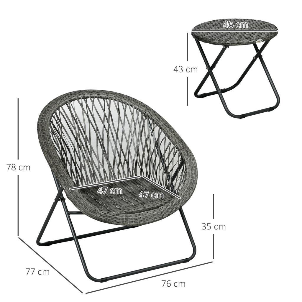Garden Furniture Set, 3-Piece, Rattan Look, 2 Chairs, 1 Table, Foldable, Grey