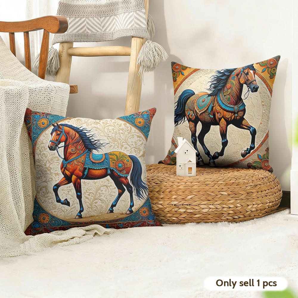 Orange Persian Horse Cushion Cover Natural Linen Organic Fabric Double-Sided Printing Sofa Home Decor Gift Pillow Cover