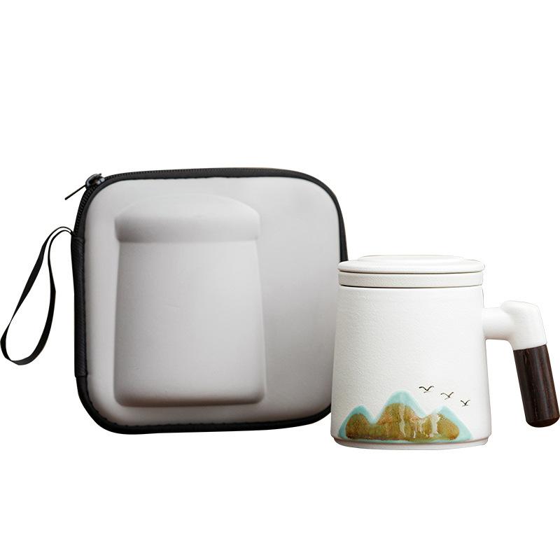 Light luxury portable coarse pottery Qingshan flying bird office cup tea separation retro mug simple gift box business gift