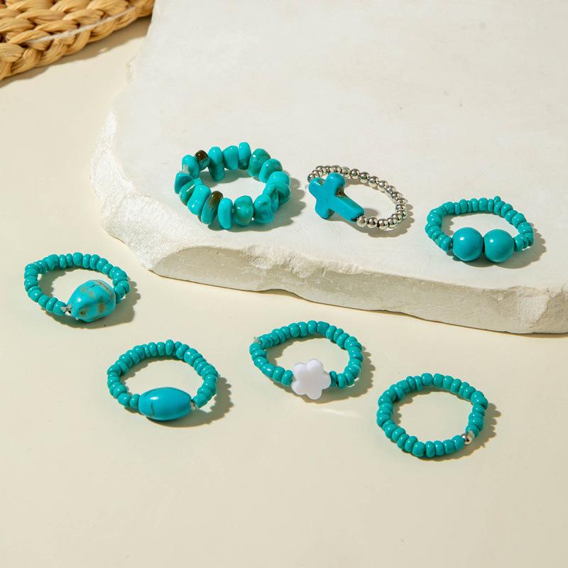 Geometric Irregular Cross Turquoise Ring, Acrylic Stretch Pearl Ring Set