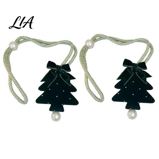 Reusable Christmas Decorations Tree Curtain Tieback, Green Velvet Holder with Bow And Festive Door Handle Pendants Faux Pearl, Decorative Drape